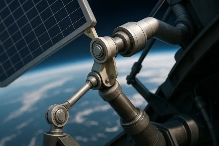 Satellite arm articulation for orbital deployment