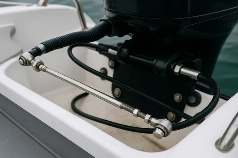 Boat steering linkage system with marine rod ends for precision control