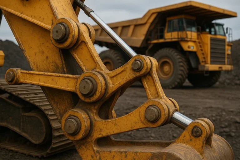 Mining equipment linkage system with rugged mechanical joints.