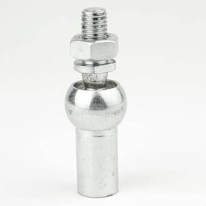 Shiny silver furniture connector bolt with a threaded stud and rounded base on a white background