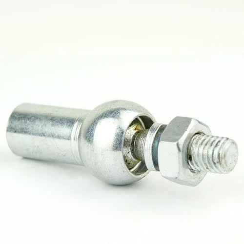 Shiny metal connector with a hex nut and threaded stud on a white surface, likely a fastener or coupling part.